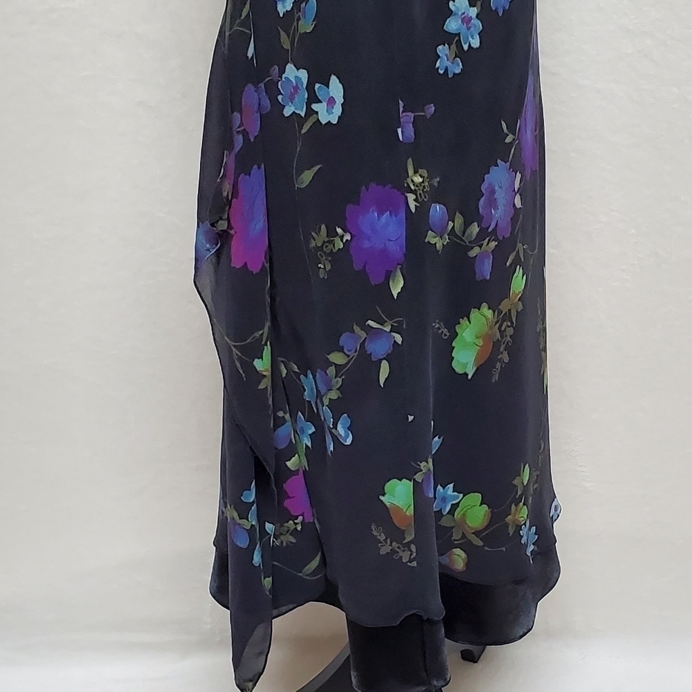 VINTAGE Liz Claiborne Purple Floral Silk Chiffon Black Satin Ruffle Midi Dress M - Picture 12 of 16